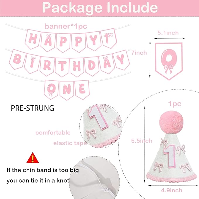 First Birthday Decorations for Girl Pink Bow One Birthday Hat and
