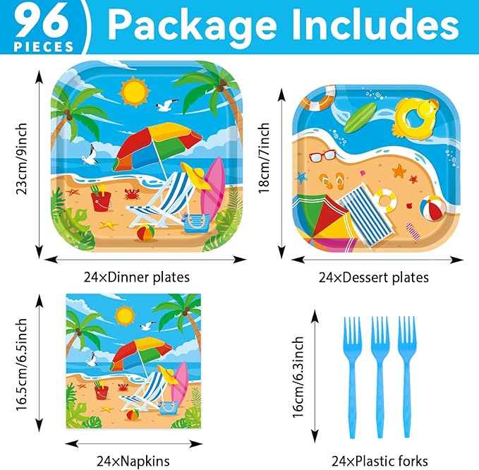 96Pcs Beach Party Supplies Summer Pool Party Paper Plates Napkins
