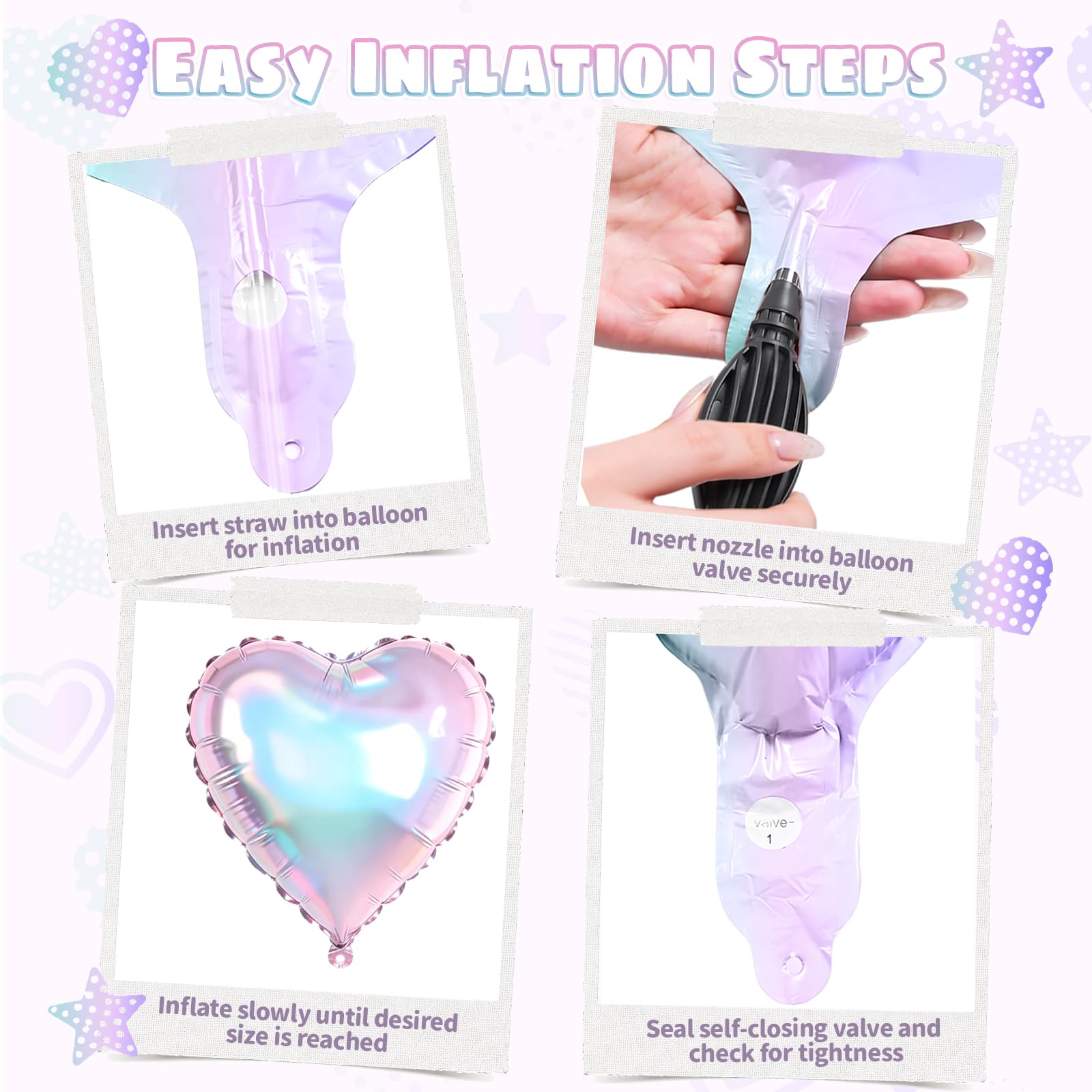 Iridescent Heart Balloons, 12PCS Holographic Clear Star Balloons, 18