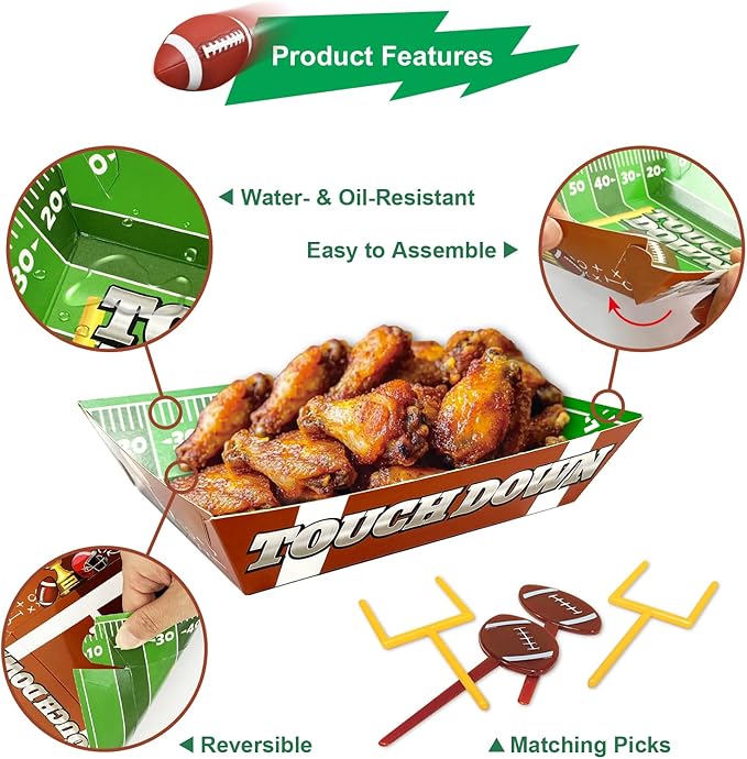 50 Piece Football Party Food Tray Box Kit 30 Oil Resistant Paper