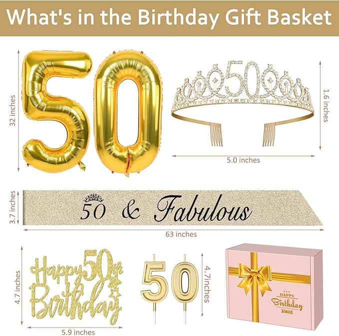 50th Birthday Decorations for Women Gold with 50th Birthday Sash and