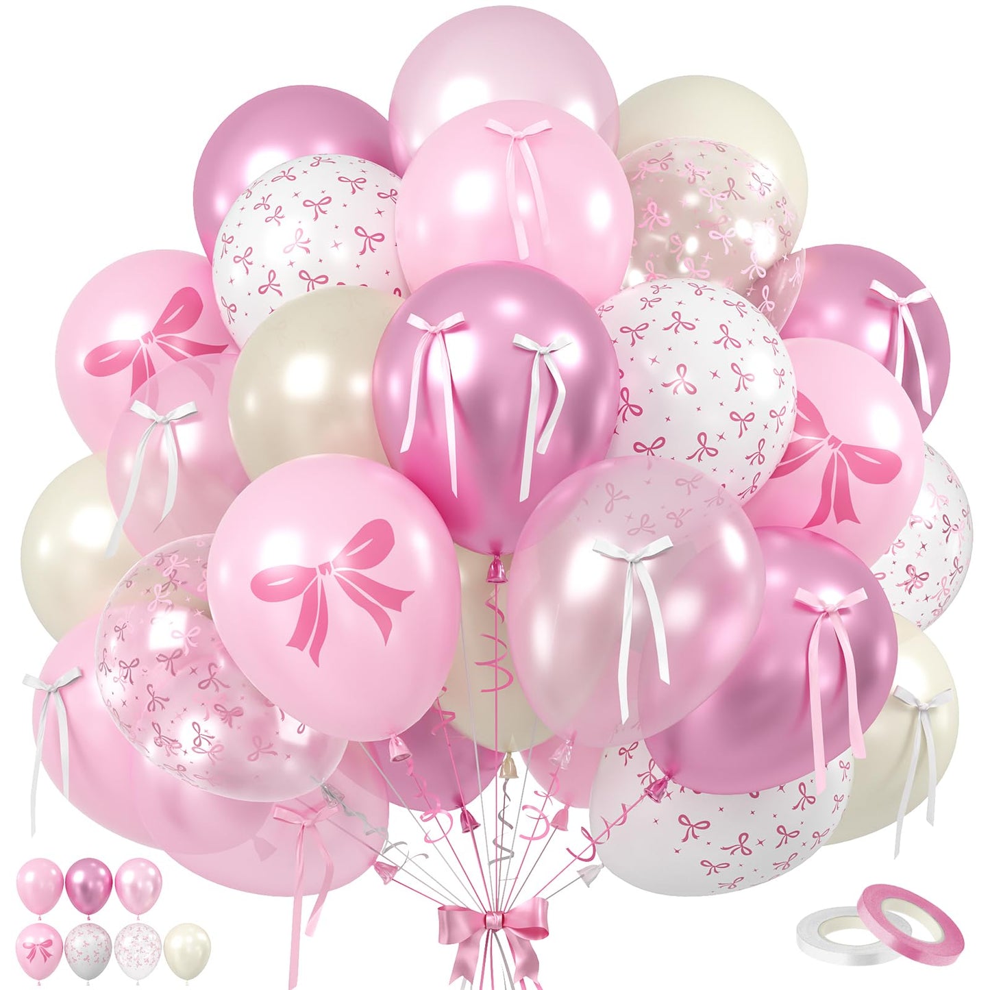 Pink Bow Balloons, 60PCS Double Stuffed Pearl White Light Pink