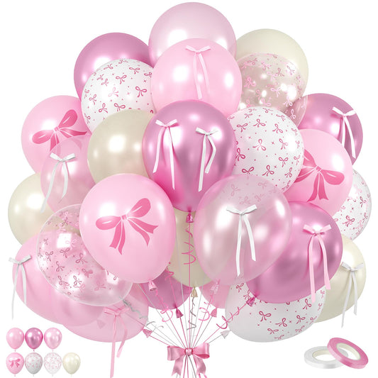 Pink Bow Balloons, 60PCS Double Stuffed Pearl White Light Pink