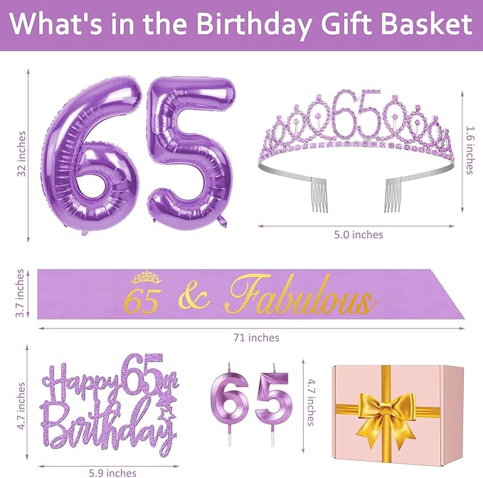 65th Birthday Decorations for Women Purple with 65th Birthday Sash