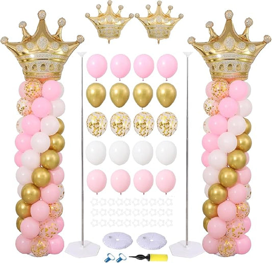 Princess Party Balloon Column Stand Kit 2 Sets 2 Crown Foil Balloons