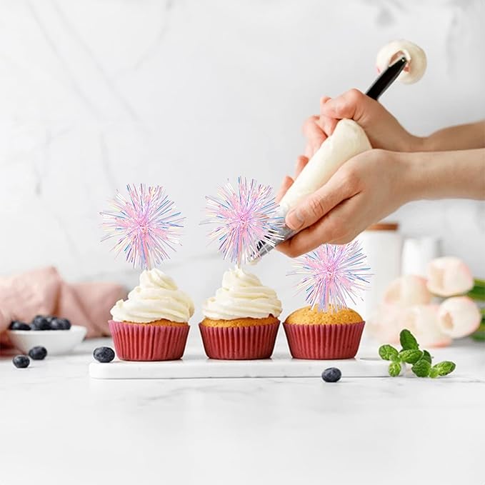 Gyufise 30Pcs Foil Firework Cupcake Toppers Sparkle Tinsel Cake #30