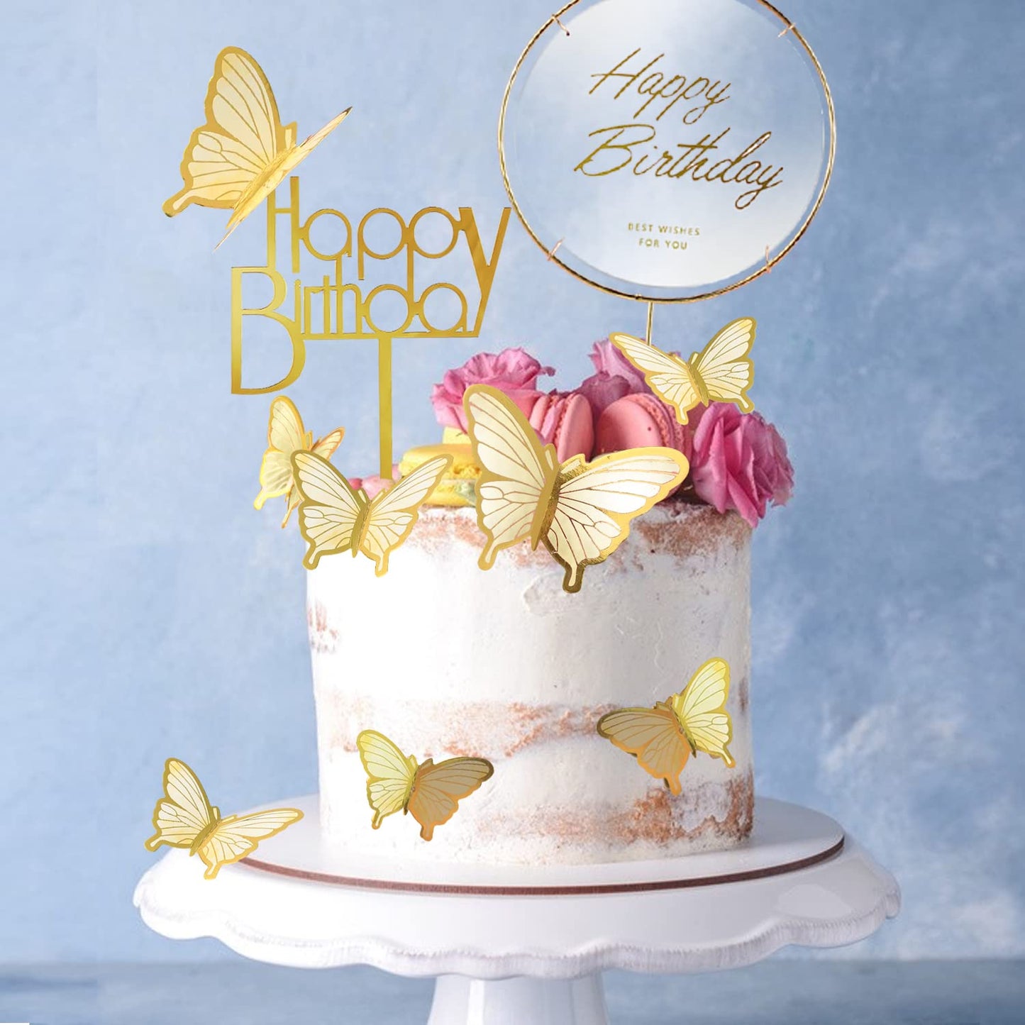 LANGPA 22-Pieces Butterfly Cake Decorations With Happy Birthday Beige