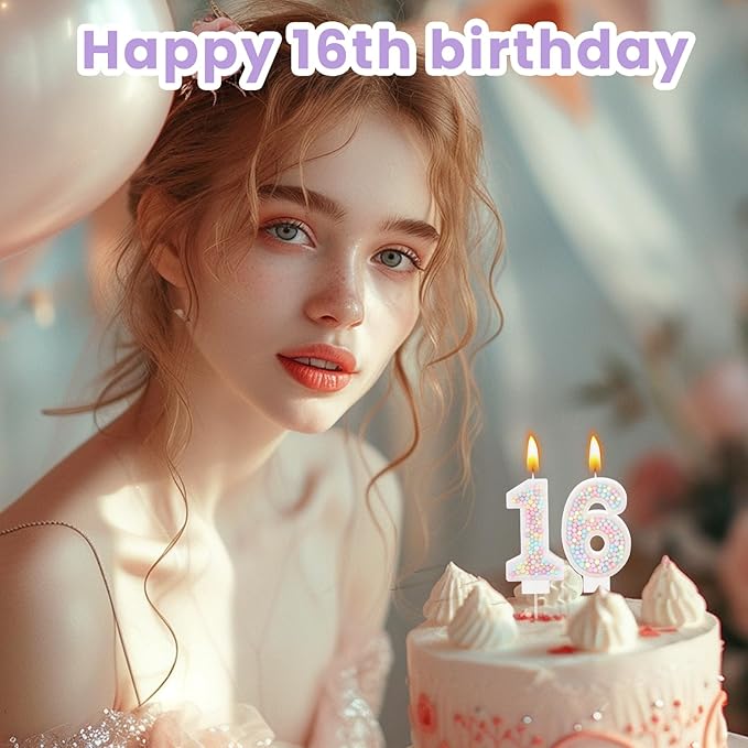 MTLEE Number 16 Birthday Candle with 12 Pcs Spiral Candles for Girls