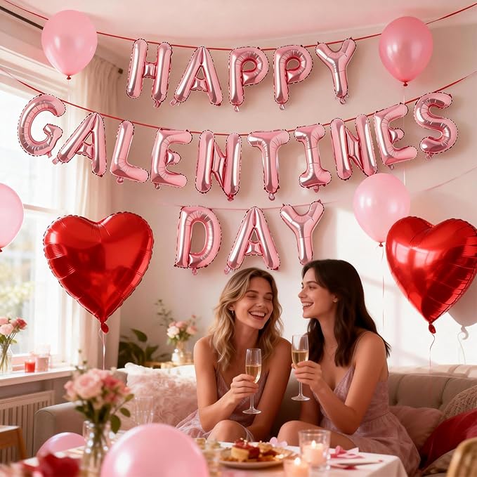 Happy Galentines Day Balloons Banner 16 Inch Pink Galentine Letters
