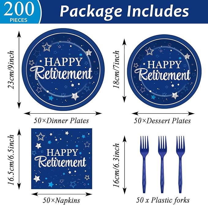 50 Guests Retirement Plates and Napkins Party Supplies Happy
