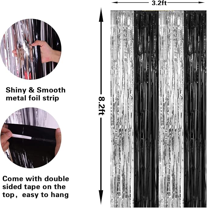 PIGETALE, 2 Pack 3.2 x 8.2 ft Black and Silver Foil Fringe Curtains