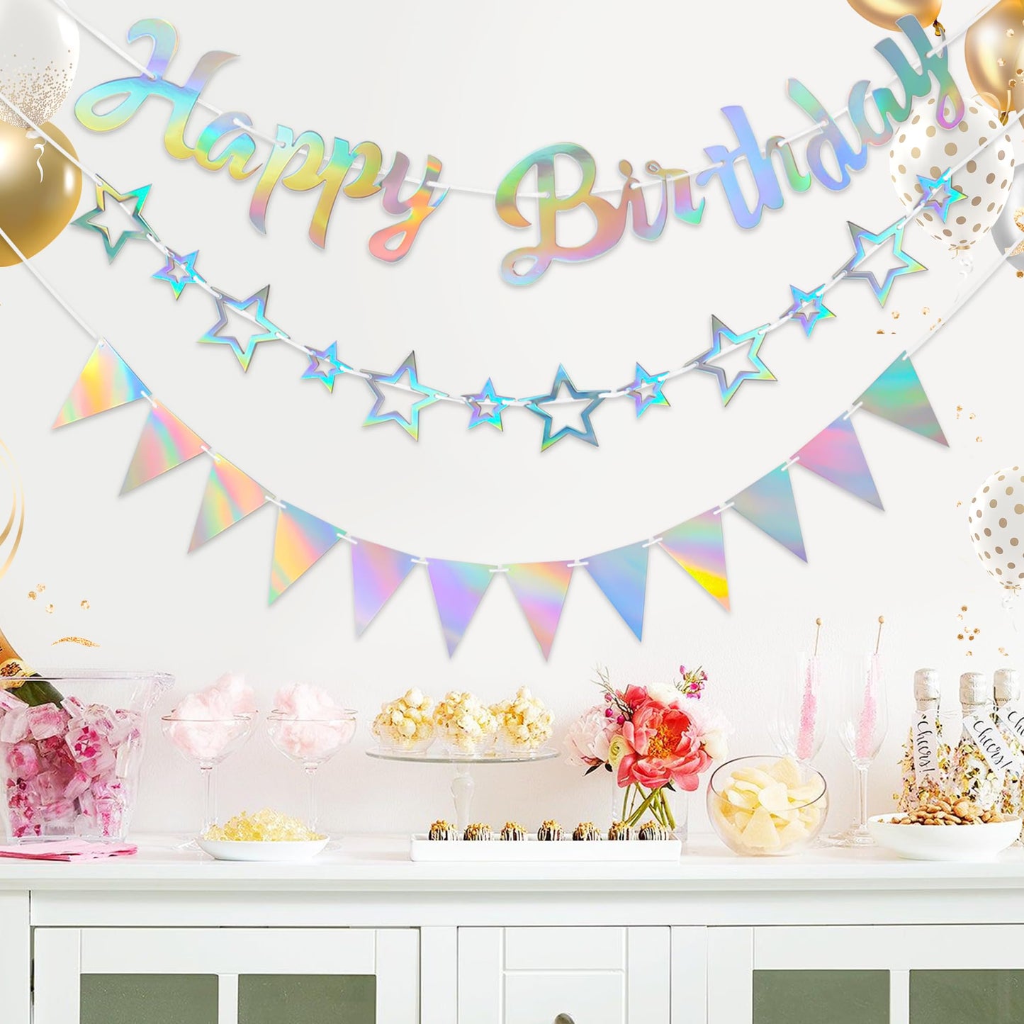 CANREVEL 3 PCS Iridescent Happy Birthday Banners, Hanging Star Garland