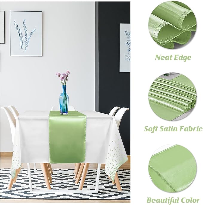 8Pack Plastic Tablecloths and Satin Table Runner Set Disposable White