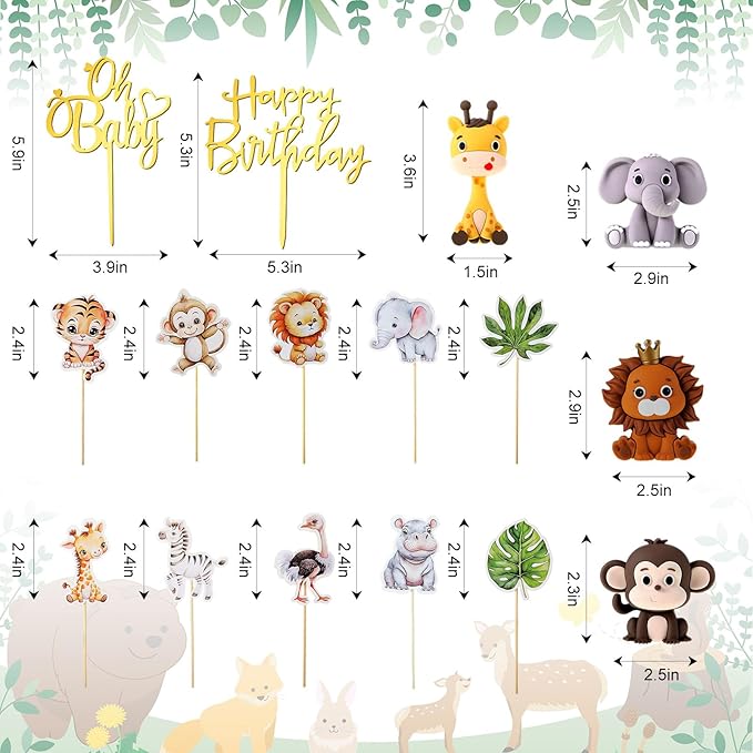 42 Pcs Safari Jungle Animal Cake Toppers Wild One Lion Giraffe