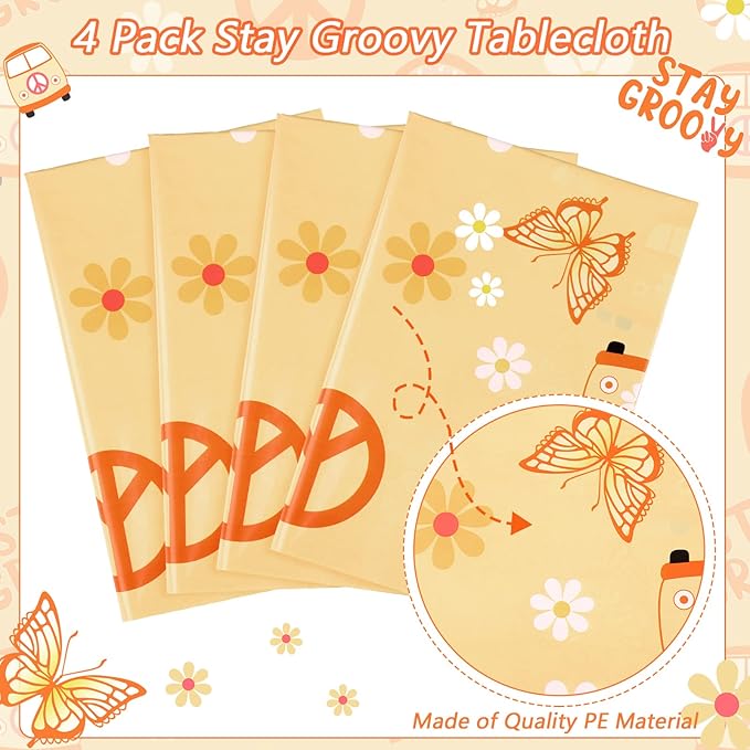4 Pcs Stay Groovy Tablecloth Retro Hippie Boho Party Table Covers