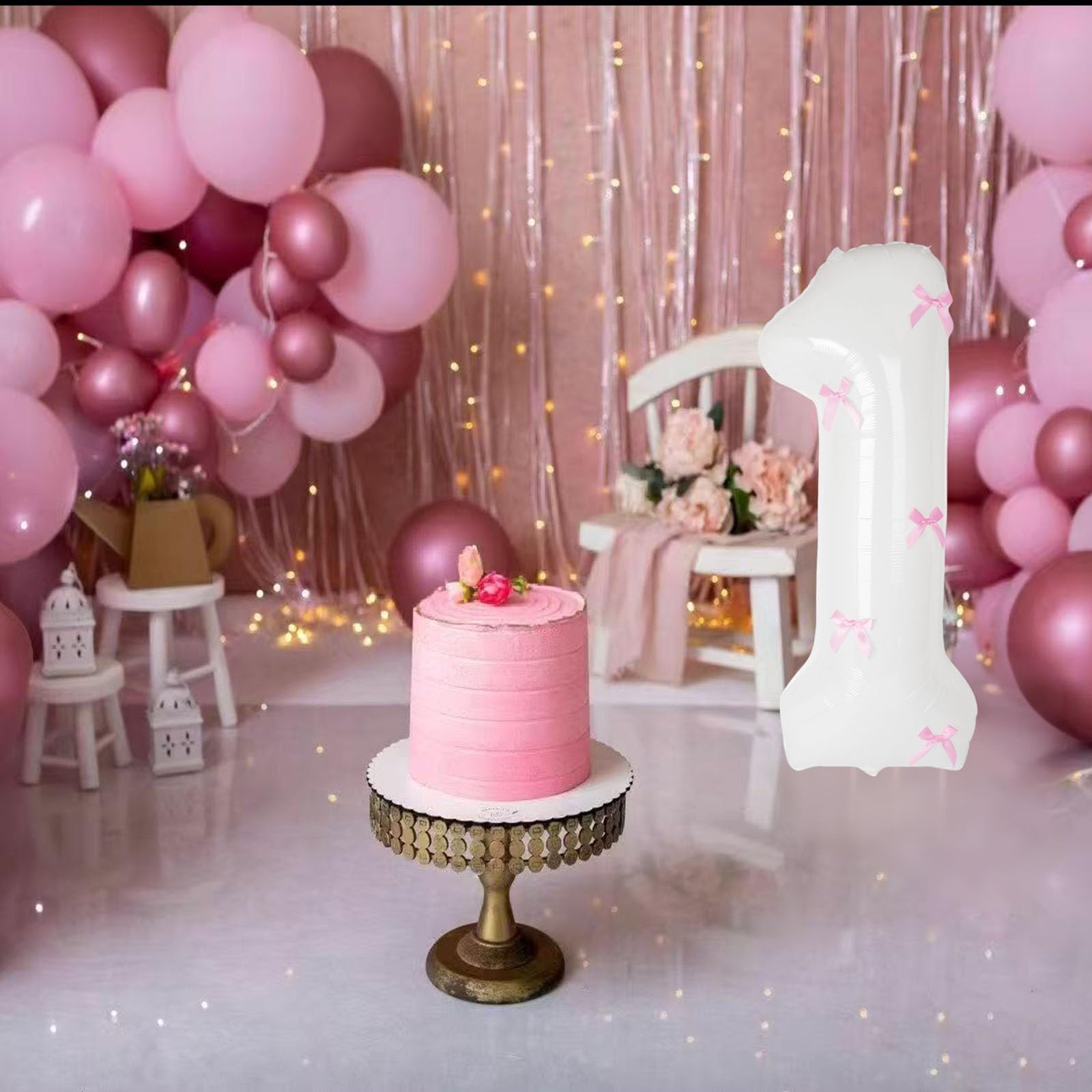 40 Inch White Number Balloons with Pink Bow Coquette Birthday White