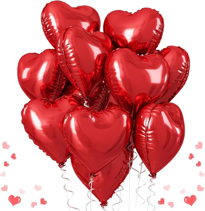 Red Heart Balloons, 18 Inch Metallic Red Foil Balloon Helium 10Pcs