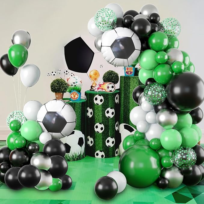 Soccer Party Balloon Garland Arch Kit Green Black White Metallic