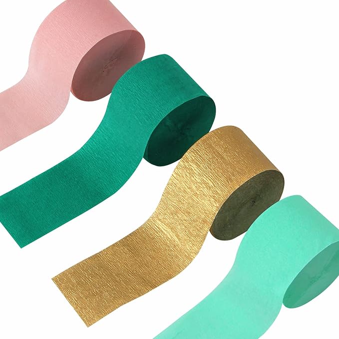 Sage-Green Pink-Gold Crepe Paper Streamers - 8 Rolls Green Party