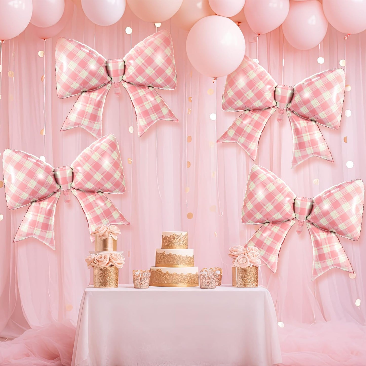 Simgoing 4 Pcs Giant Pink Gingham Bow Balloons Large Plaid Bow