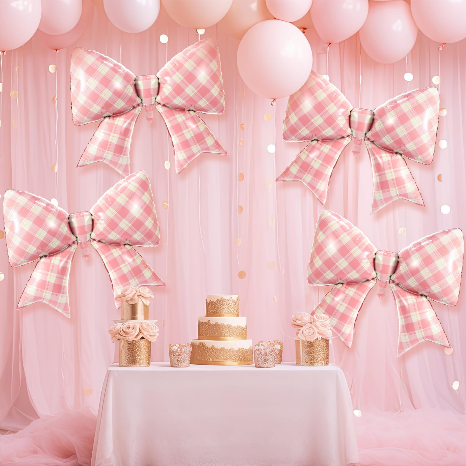 Simgoing 4 Pcs Giant Pink Gingham Bow Balloons Large Plaid Bow