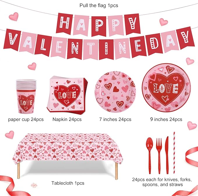 Valentine's Day Party Decorations Plates Red Heart themed Disposable