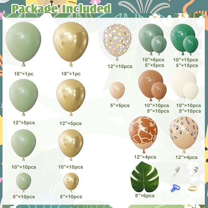 170Pcs Jungle Safari Balloons Arch Garland Kit Sage Green Brown