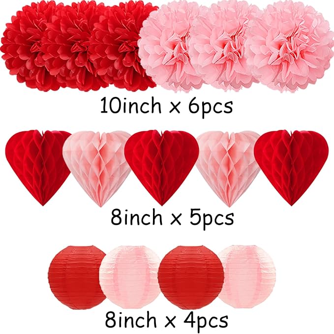 Red Pink Valentines Day Paper Flowers Hearts Honeycomb Lanterns