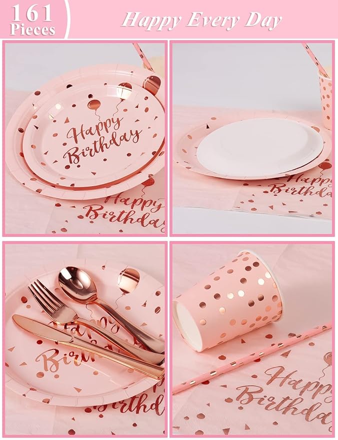 Birthday Party Tableware, 161 Pieces Pink and Rosegold Party