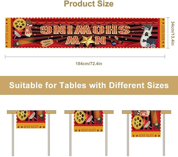 Movie Night Table Runner, Rustic Film Movie Theme Popcorn Tape Now