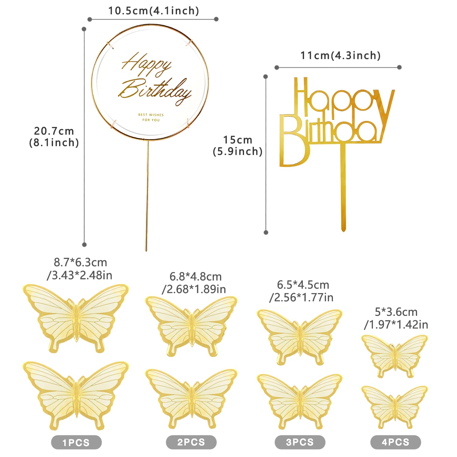 LANGPA 22-Pieces Butterfly Cake Decorations With Happy Birthday Beige