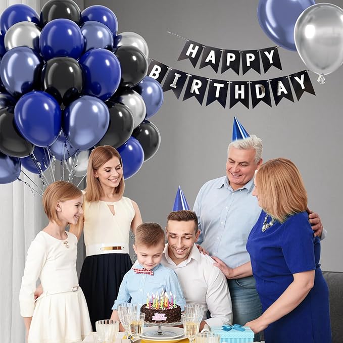 Blue and Black Balloons, 60pcs 12inch Blue Black Metallic Silver