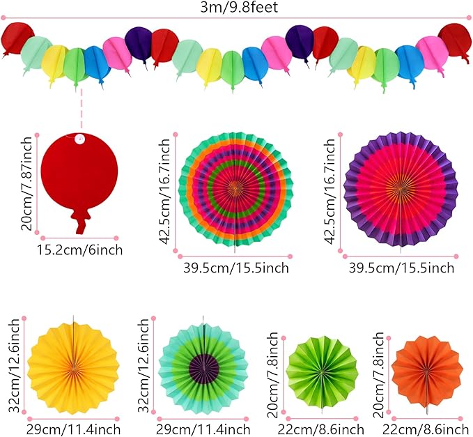 Fiesta Party Decorations, Multicolored Paper Pompoms Fan Garlands for