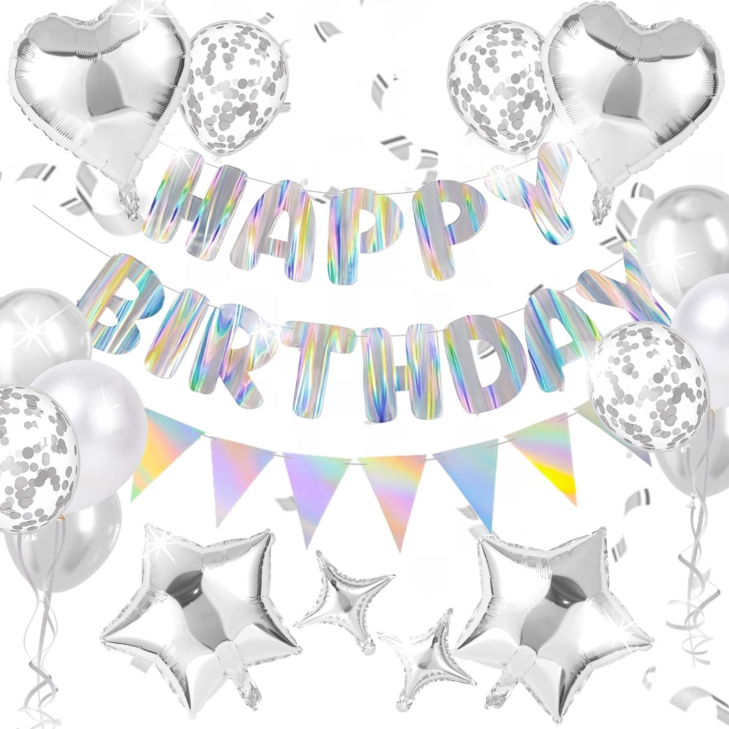 Silver Happy Birthday Decorations kit, Iridescent Happy Birthday