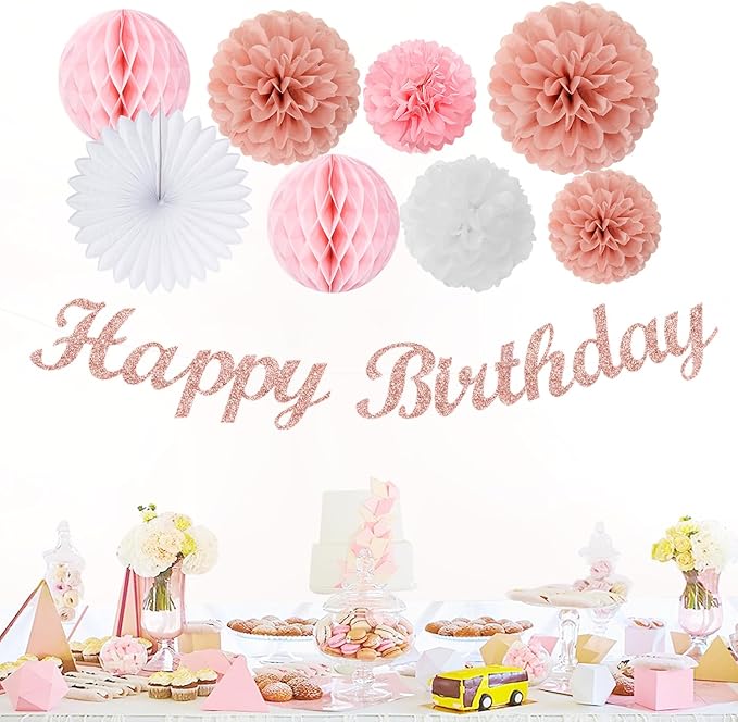 Light Pink Rose Gold Birthday Garland Party Decorations 14pcs Happy