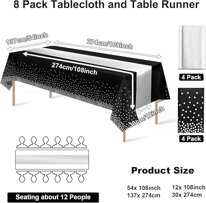 8Pack Disposable Plastic Tablecloths and Satin Table Runner Set Black