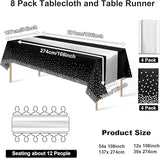 8Pack Disposable Plastic Tablecloths and Satin Table Runner Set Black