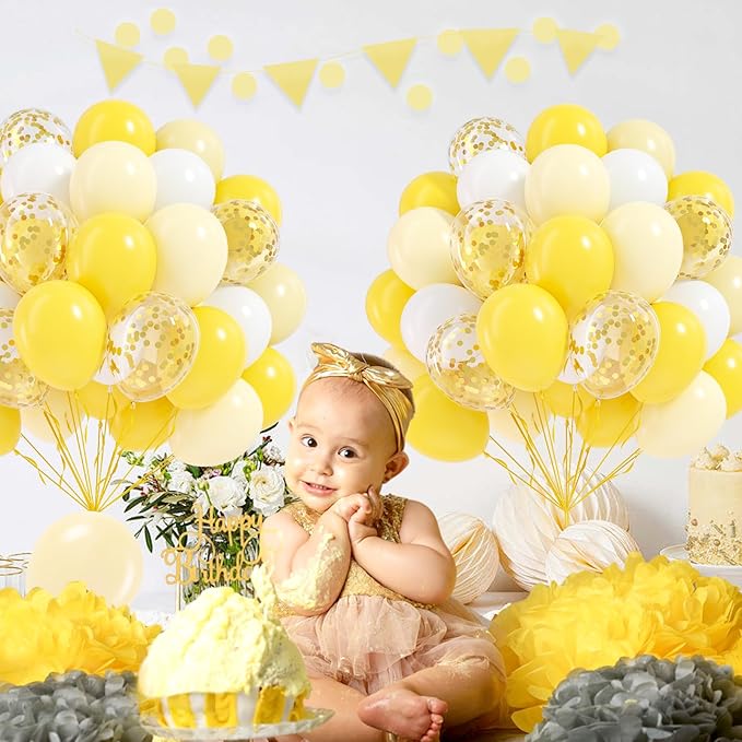 60pcs Yellow and White Balloons 12inch with Pastel Yellow White Gold