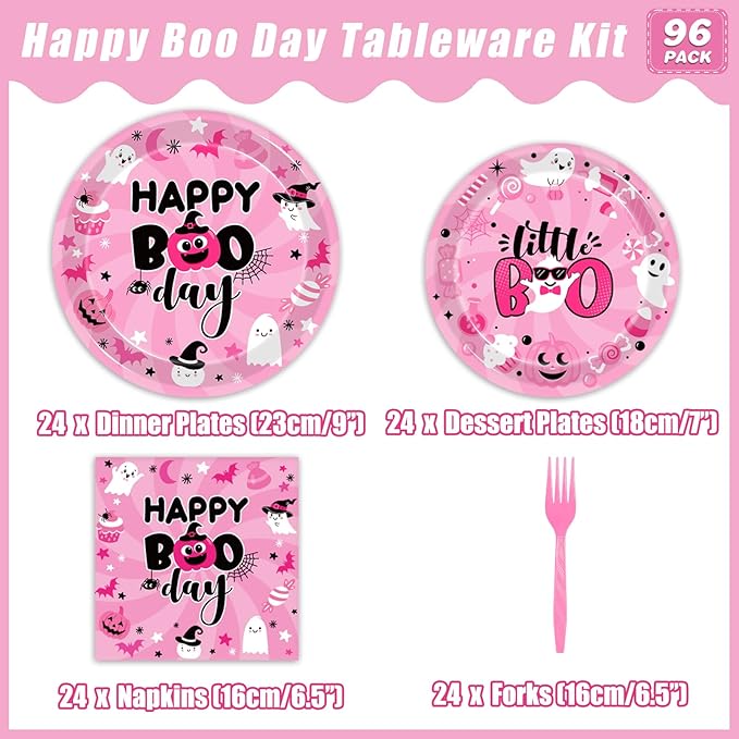 96Pcs Pink Halloween Birthday Party Decorations Halloween Happy Boo