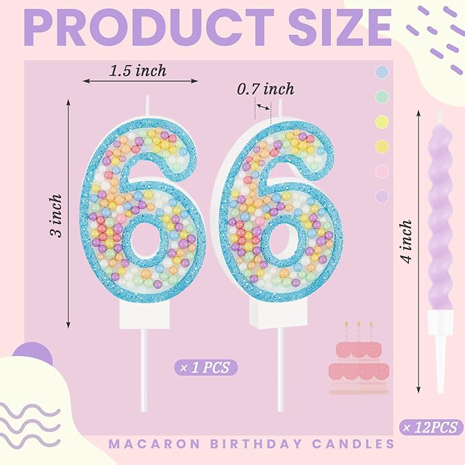 MTLEE Birthday Candle Macaron Glitter 3D Number Candle with 12 Pcs Rai