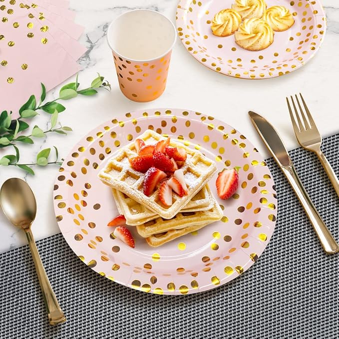 HOMIX Pink and Gold Party Supplies, Disposable 175Pcs Gold Dots on