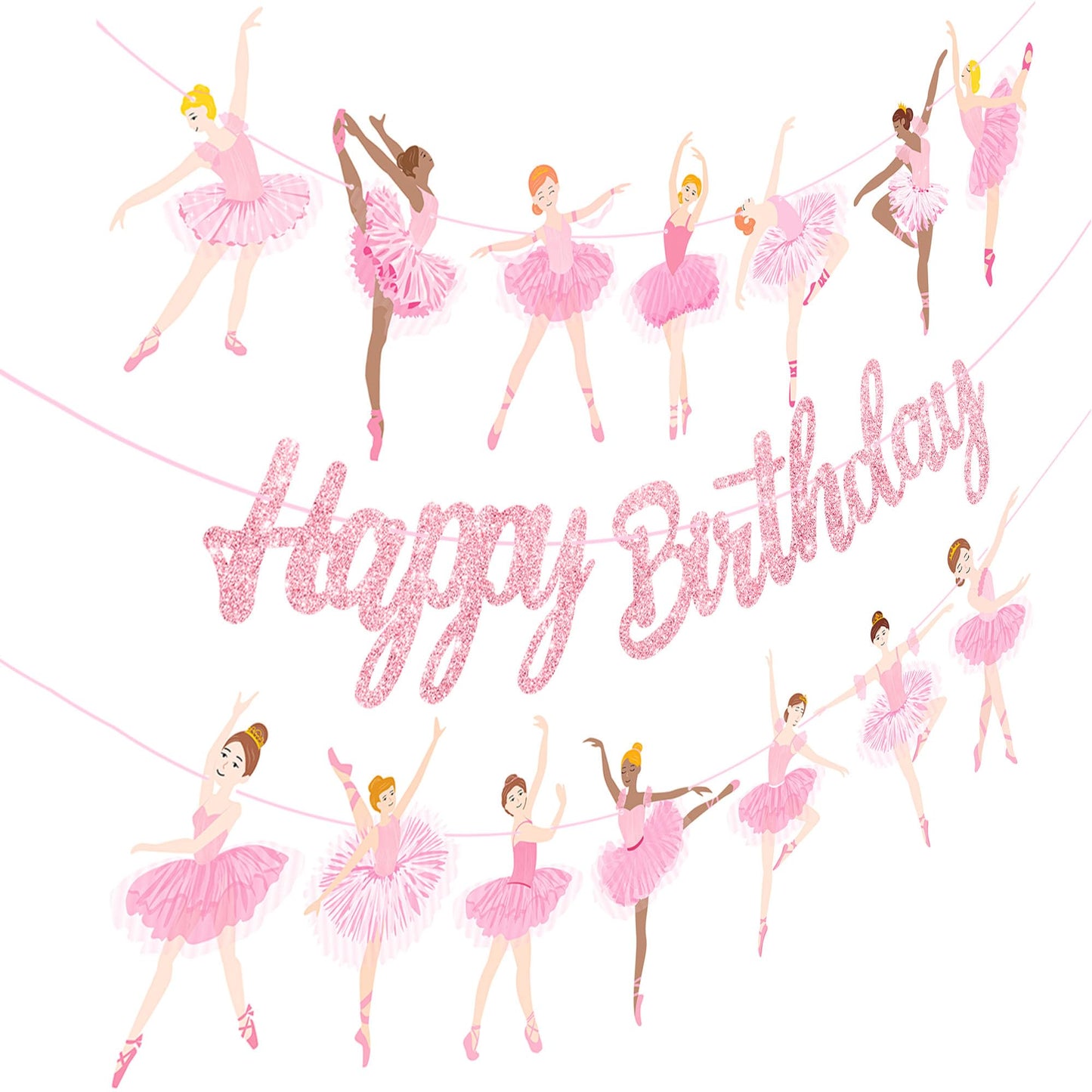 3Pcs Ballet Girls Happy Birthday Banners Glitter Pink Ballerina