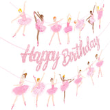 3Pcs Ballet Girls Happy Birthday Banners Glitter Pink Ballerina