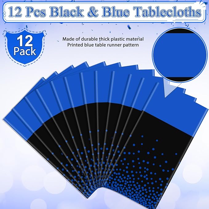 MASHAN 12Pcs Black and Blue Tablecloth Party Decorations,Plastic