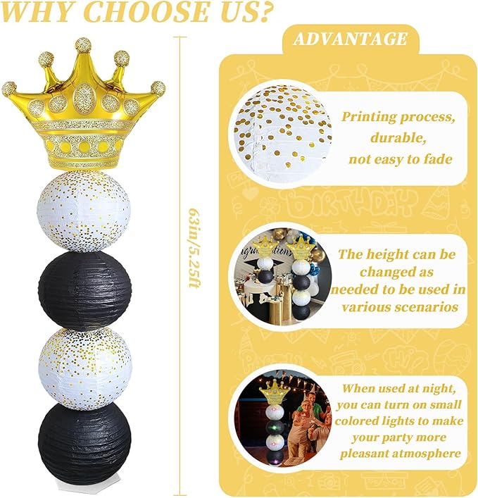 Gold and Black Balloon Column Stand Kit,Crown Balloon And Paper