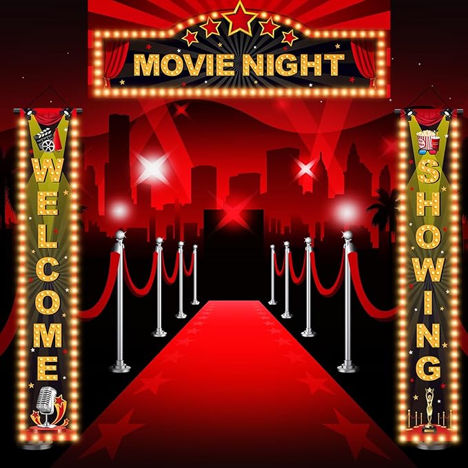 3 Pieces Light Movie Night Porch Sign Banner LED Movie Theme Party