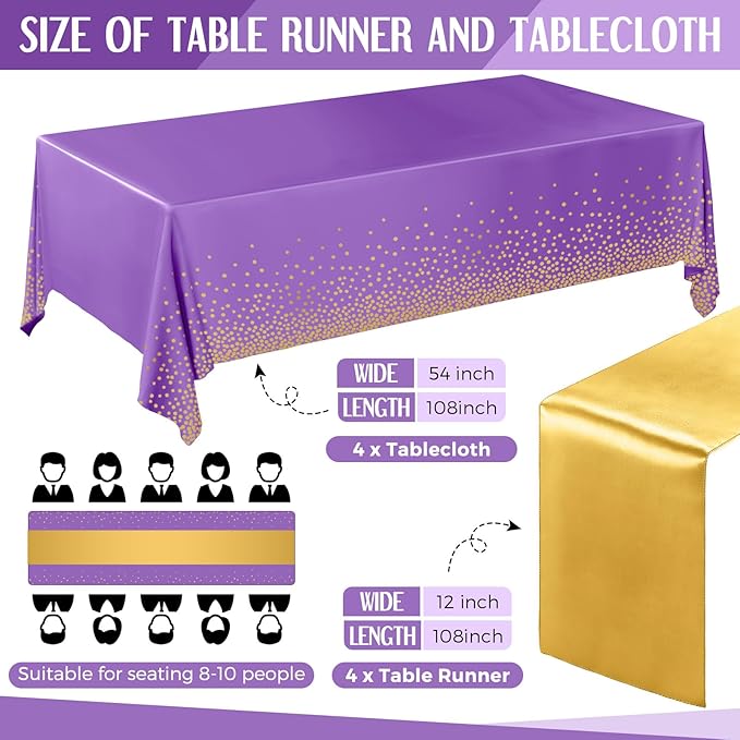 Breling 8 Pack Purple and Gold Disposable Plastic Tablecloths and