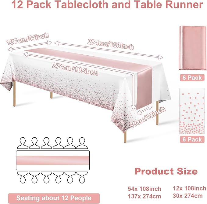 12 Pack Disposable Plastic Tablecloths and Satin Table Runner Set