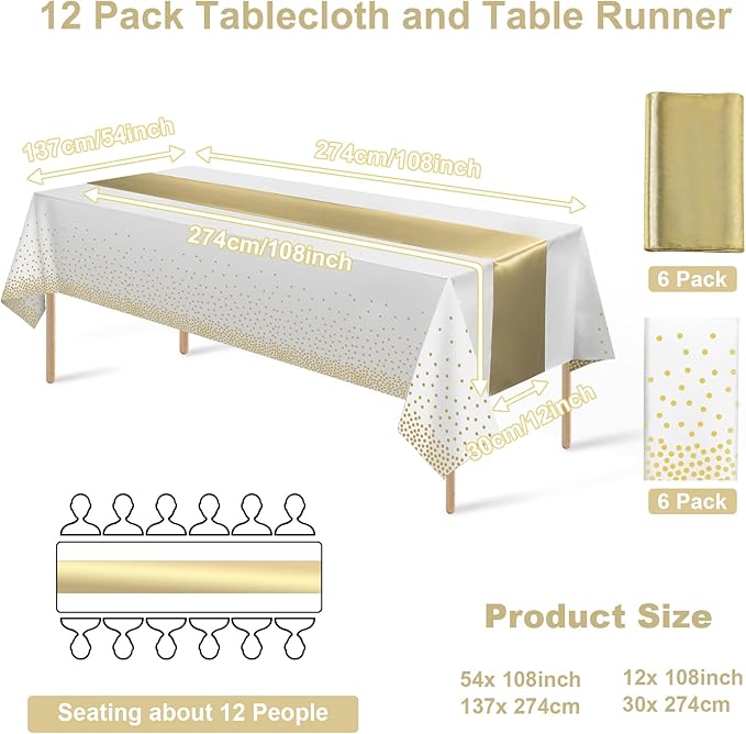 12Pack Disposable Plastic Tablecloths and Satin Table Runner Set White