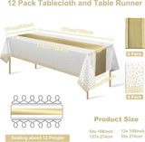 12Pack Disposable Plastic Tablecloths and Satin Table Runner Set White